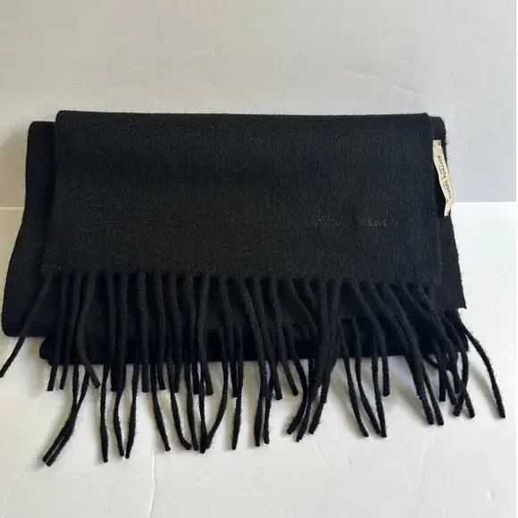 Bottega Veneta Logo Stamped Scarf Black Wool Cashmere Fringe Ends